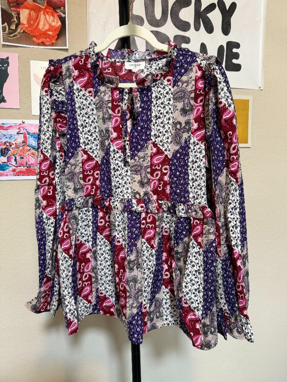 Umgee Boho Mixed Patchwork Paisley Peplum Blouse Ruffle Tie Neck Med NWT